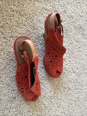 Women's Red Suede Cutout Slingback Wedge Sandals